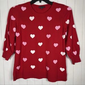 Adrianna Papell Red Flirty Hearts Print Sweater Valentines Holiday Love Top M